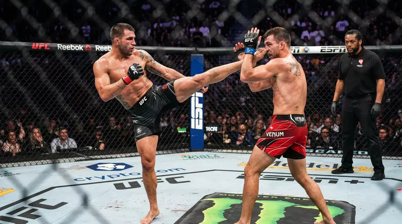 Dos peleadores de MMA en el octágono durante un intercambio de golpes con el árbitro observando